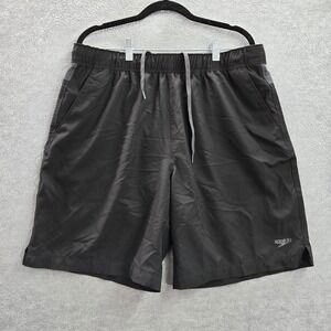 Speedo Men Swimwear L Black Swim Trunks Logo Zip Pocket‎ 8" Inseam Drawstring